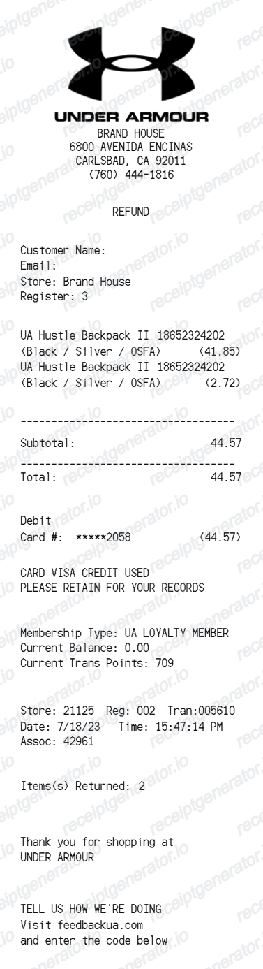 Free Under Armour Receipt Generator - Under Armour Purchase Receipt PDF preview