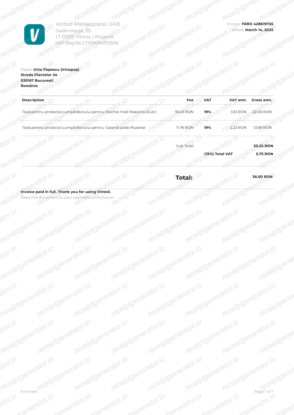 Vinted Receipt