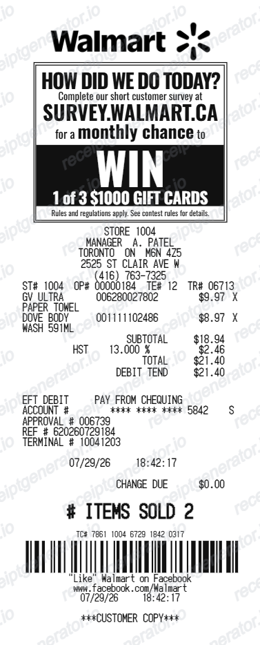Walmart Canada Receipt