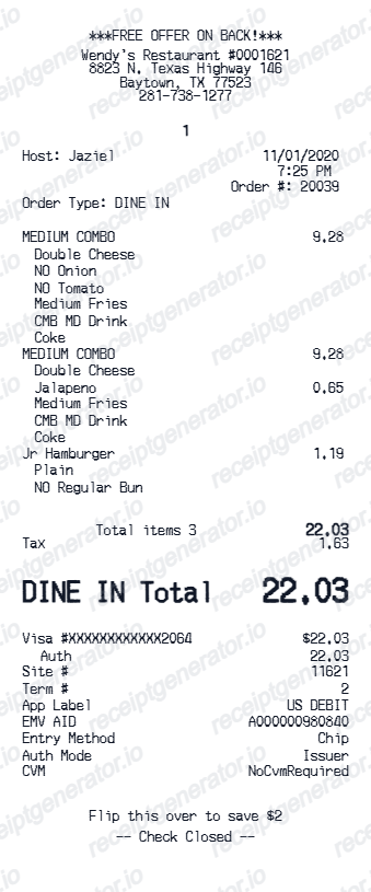 Wendys Receipt