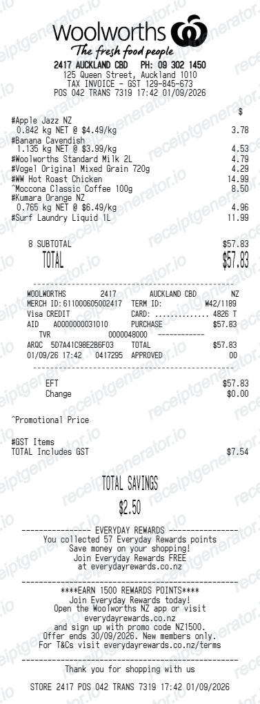 Woolworths NZ receipt