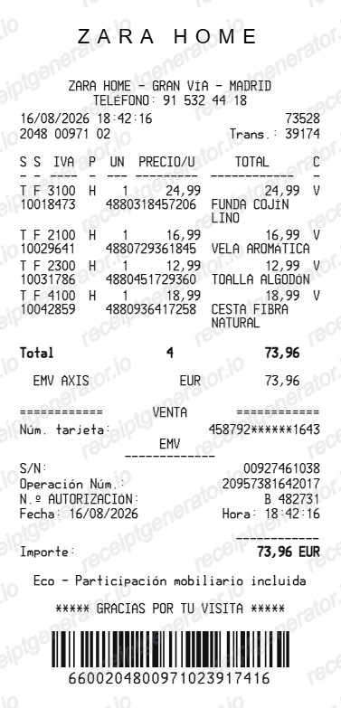 Zara Spain receipt